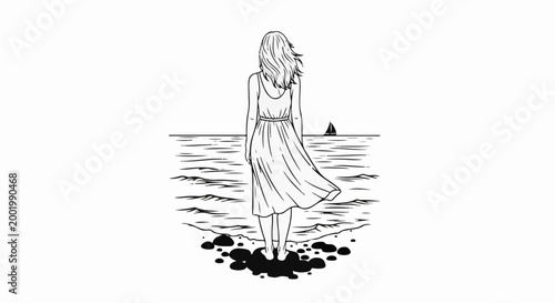 Woman in flowing dress gazes at distant sailboat on wavy sea