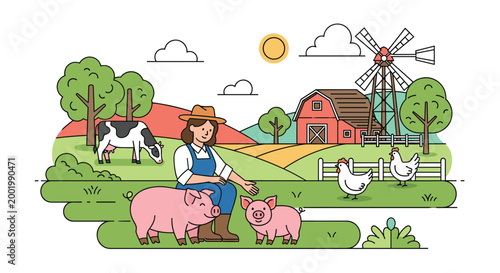 Friendly female farmer sitting with pigs on a lush farm with a red barn, windmill, and grazing cows in the background.