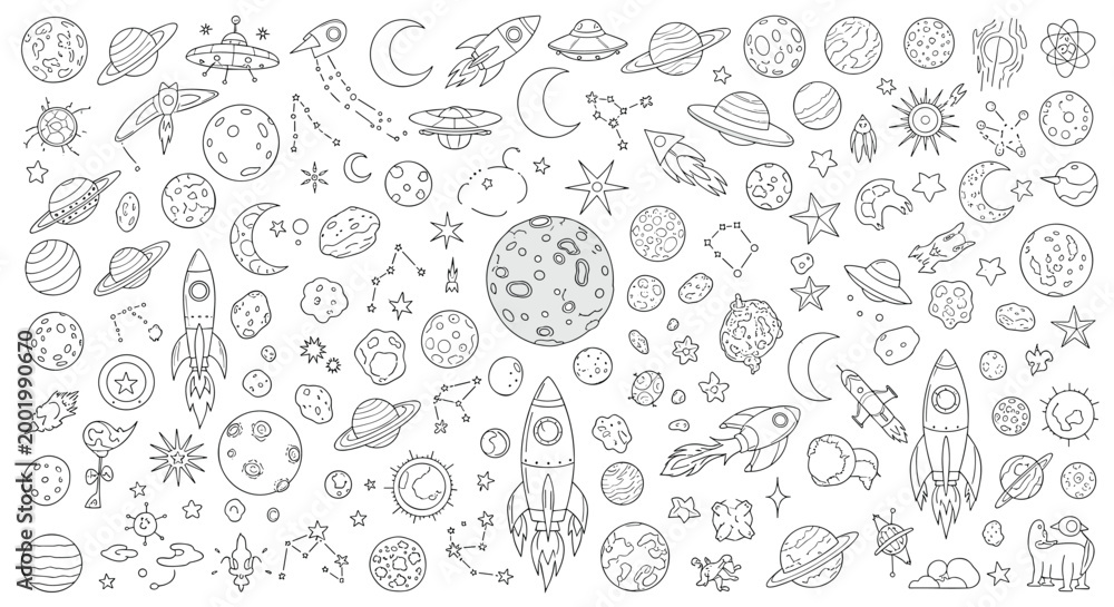 Naklejka premium Massive collection of space themed doodles featuring planets stars rockets constellations and cosmic elements on a white background.