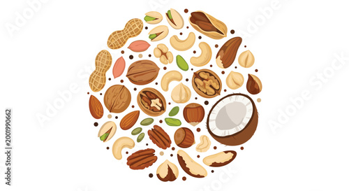 Circular arrangement of various nuts including peanuts walnuts pistachios almonds and half a coconut on a white background.