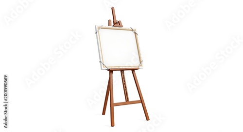 Wooden artist's easel with a blank white canvas stretched and secured on its adjustable frame isolated