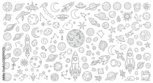Massive collection of space themed doodles featuring planets stars rockets constellations and cosmic elements on a white background.