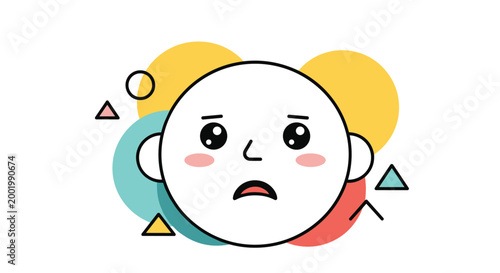 Simple illustration of a sad face emoji with a downturned mouth and blushing cheeks on a colorful geometric abstract background.