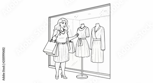 Woman with shopping bags admires dresses in a store window display
