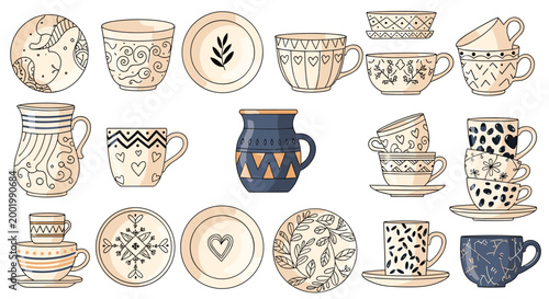Assortment of decorative ceramic cups plates and jugs with various hand painted patterns and artistic motifs in earthy tones.