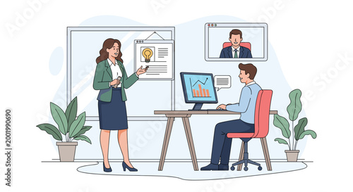 Business meeting scene with a woman giving a presentation with a chart to a colleague while another joins via a video call.