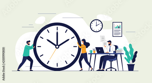 Professional team managing their schedule and deadlines around a giant clock in a modern office environment illustration.