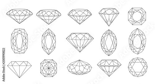 Scientific set of various diamond cuts and gemstone shapes shown in technical line art outlines for jewelry design.