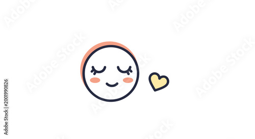 Cheerful and serene emoji face with closed eyes and a blushing smile next to a small yellow heart on white background.