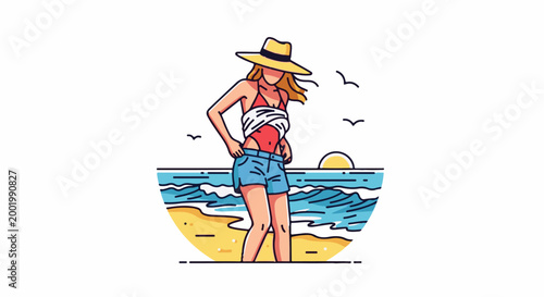 Woman in swimsuit and hat on beach at sunset with birds flying