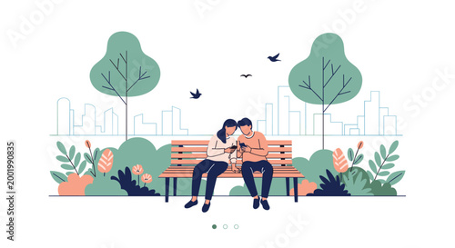 Young couple sitting together on a park bench while distracted by their mobile phones in a beautiful city park setting.