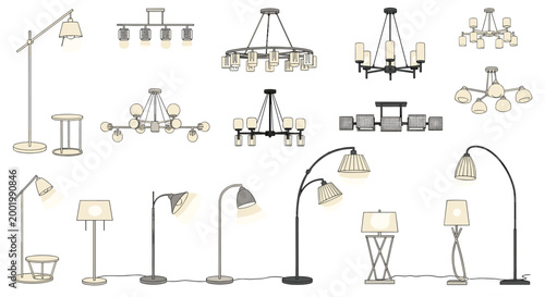 Collection of modern and traditional lamps including floor lamps desk lamps and decorative ceiling chandeliers in a set.