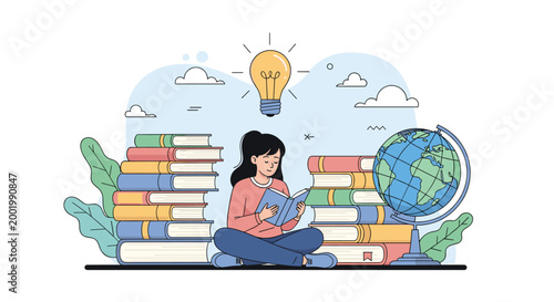 Young girl student reading a book and gaining knowledge with a bright idea lightbulb and globe in a creative library.