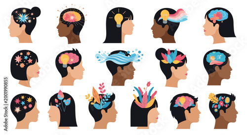 Diverse group of human profiles with colorful symbols of creativity and innovation representing different thinking styles.