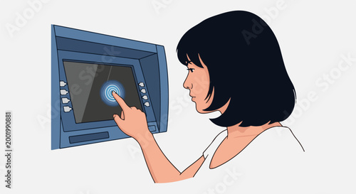 Woman's finger interacts with a touch screen interface on a machine