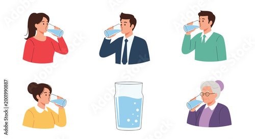 Group of diverse people of different ages staying hydrated by drinking fresh water from glasses in a clean illustration.