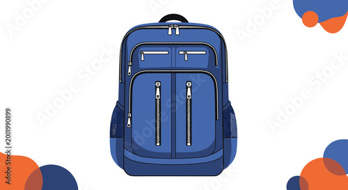 Stylish blue modern backpack for school travel or hiking shown on a clean background with abstract colorful circles.