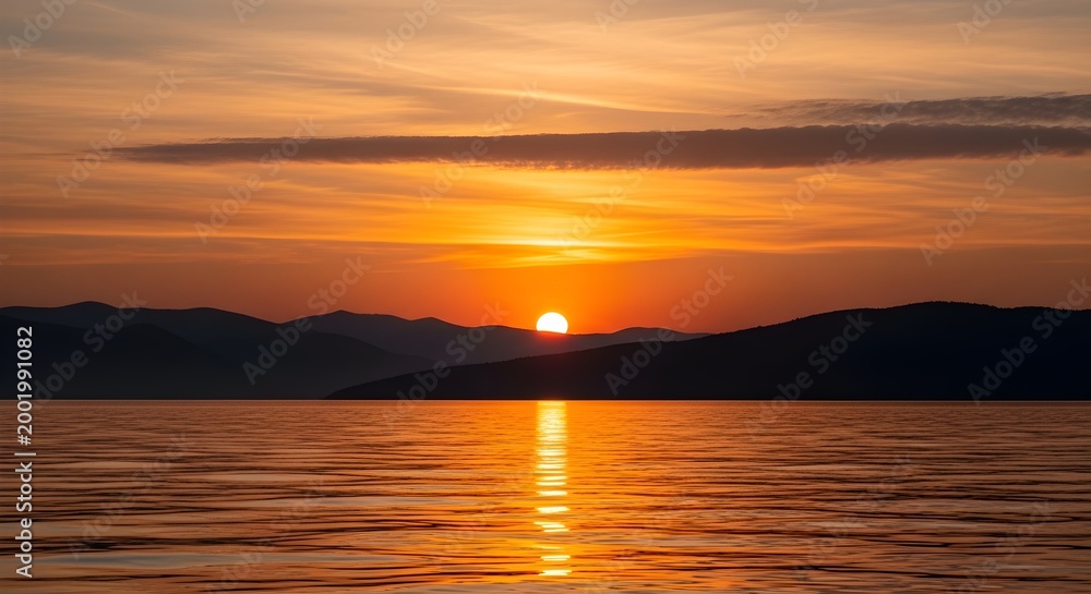 Obraz premium Breathtaking sunrise over mountain range and calm lake water