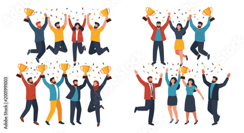 Group of successful business people celebrating their achievements by holding up golden trophies amidst falling colorful confetti.