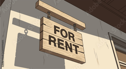 Wooden sign displaying "FOR RENT" hanging from a building's exterior