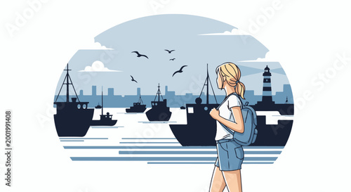 Young woman with backpack gazes at a harbor with ships and lighthouse