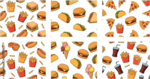 Fast food seamless pattern with burgers pizza fries hotdog tacos soda and ice cream colorful vector illustration background