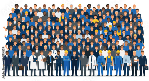 Crowd of men from various ethnic backgrounds and professions including doctors engineers and office workers. Flat vector illustration representing community unity and corporate diversity teamwork.