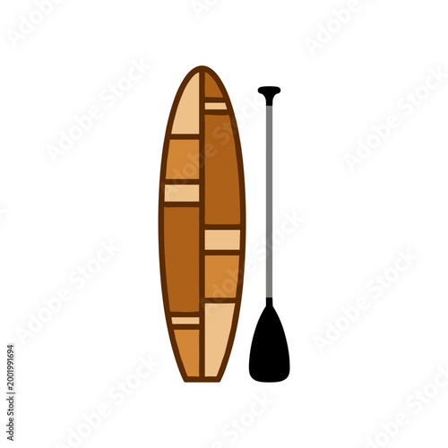 Wooden stand up paddle board and black paddle icon for water sports