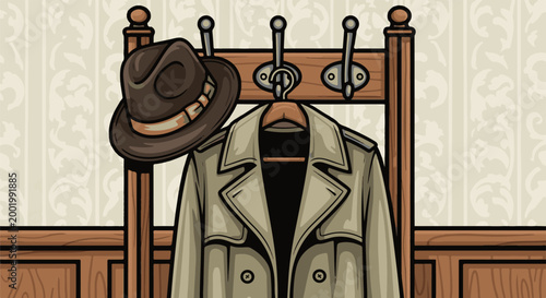 Vintage trench coat and fedora hat hang on a wooden coat rack