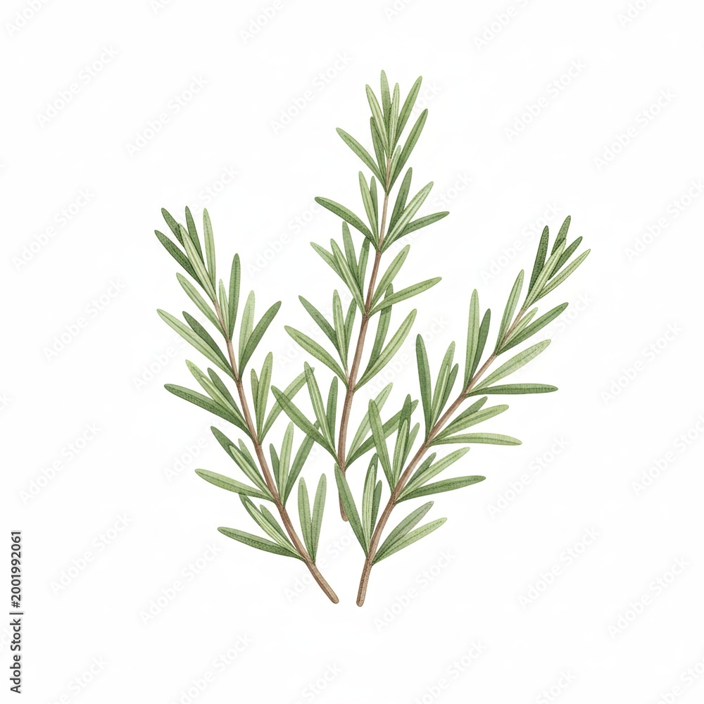 Obraz premium Three fresh green rosemary sprigs watercolor illustration aromatic herb art isolated on white background