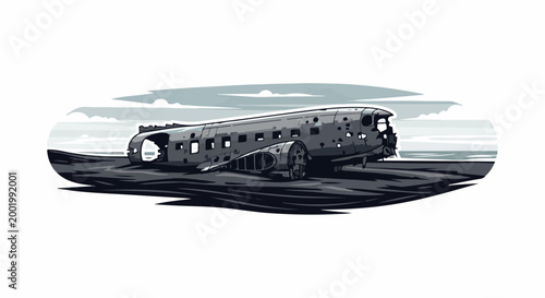 Wrecked airplane body stranded on dark, textured ground under gray sky