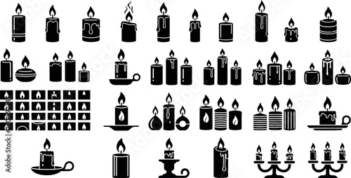 Bild auf Leinwand Candle silhouettes set burning wax candles collection flame light icons black sh