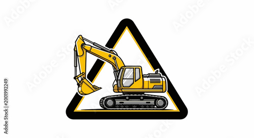 Yellow excavator on a warning triangle