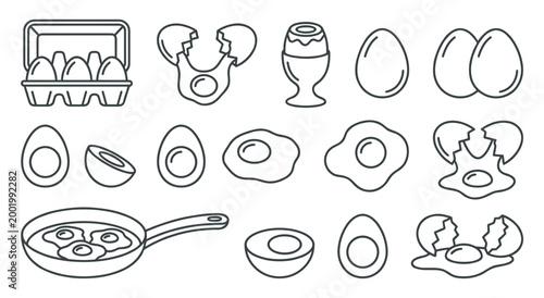 Collection of simple line art icons representing eggs. Includes whole eggs, cracked eggs, fried eggs, boiled eggs, and egg cartons. Perfect for food and breakfast themes.