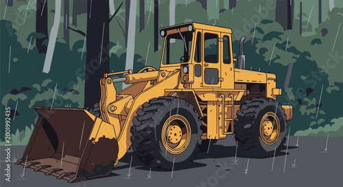 Yellow front loader parked in a rainy forest setting, pixel art style