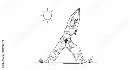 Woman practicing yoga under the sun in a sketch-like style