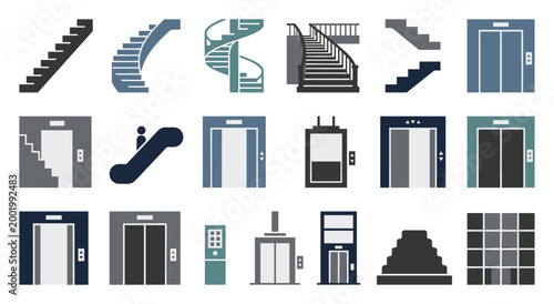 Set of elevators, escalators, and staircases illustrating vertical movement and building access. Modern and classic designs for architecture, urban, and interior design concepts.