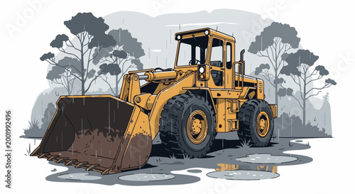 Yellow front-end loader parked in a rainy, wooded area with puddles