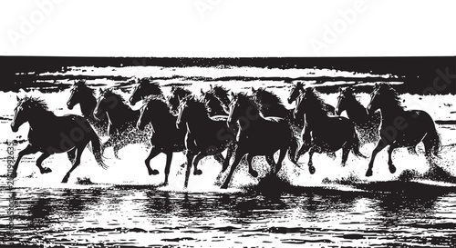 Fotografía Black horses running, horse silhouette, running horses, monochrome animal illust
