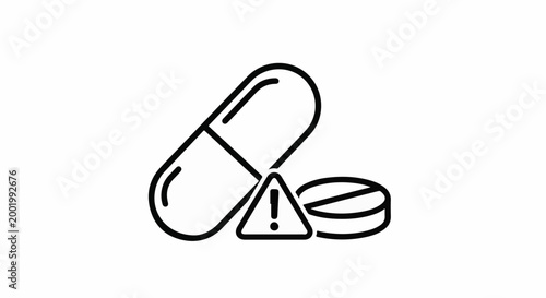Warning symbol with a capsule and a pill, health