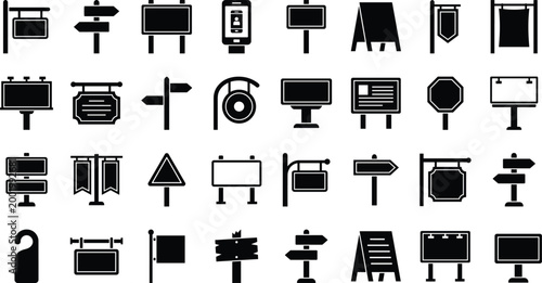 Tableau sur toile Comprehensive Collection of  Signboard and Billboard Vector Icons Featuring Street Signs Directional Boards Advertising Banners and Public Information Display Symbols for Urban Wayfinding Design