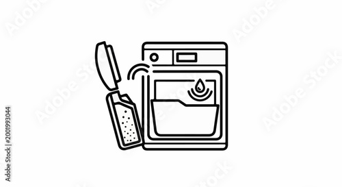 Washing machine interior with open dispenser drawer and water drop icon