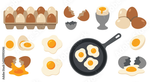 Assortment of eggs in carton, raw eggs, cracked eggs with yolk, fried eggs in pan, boiled egg in cup. Breakfast food and ingredients for cooking.