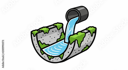 Water flows from a pipe into a mossy, curved concrete channel