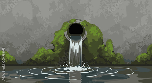 Water flows from a moss-covered pipe into a dark, rippling body of water
