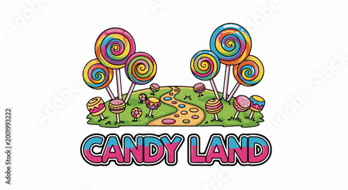 Whimsical candy landscape with swirling lollipops and a winding path