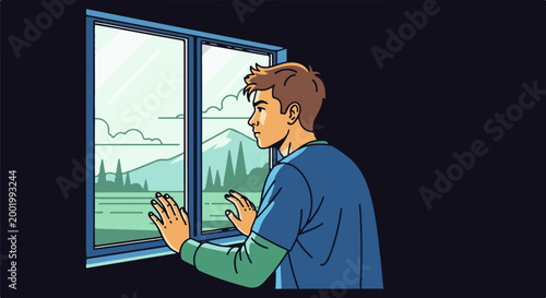 Young man gazes out window at serene mountain landscape