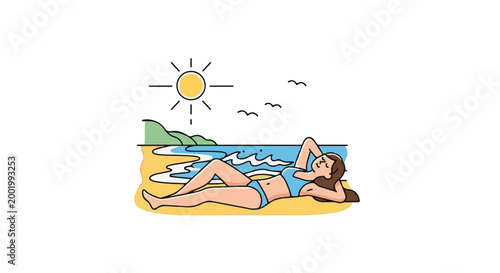 Woman relaxes on a sunny beach by the ocean with gentle waves