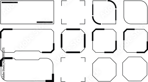Modern Collection of Futuristic Tech Vector Frame Borders with Minimalist HUD Geometric Shapes for Cyberpunk UI Designs, Sci-Fi Digital Interfaces, High-Tech Graphic Layouts, and Web Projects.