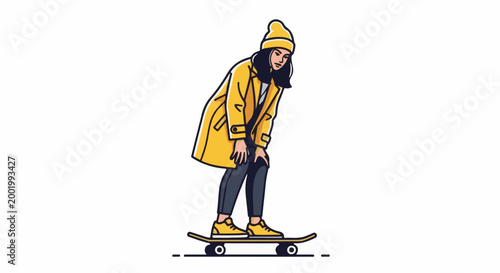 Young person in yellow coat and hat riding a skateboard